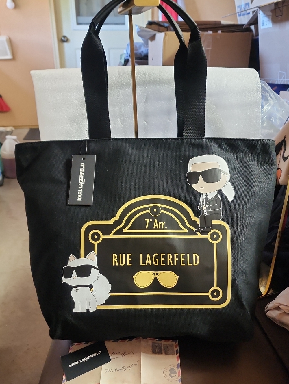 Karl Lagerfeld Black Tote with Gold Graphic Rue Lagerfeld Nwt - Picture 11 of 11